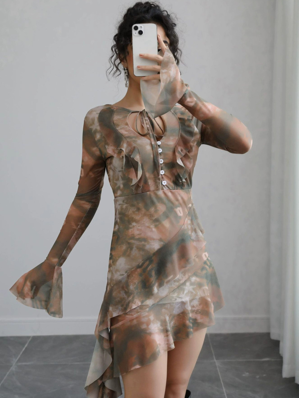 Forever 21 Cutout Laceup Tie Dye Print Mesh Bodycon Mini Dress Flared Sleeves